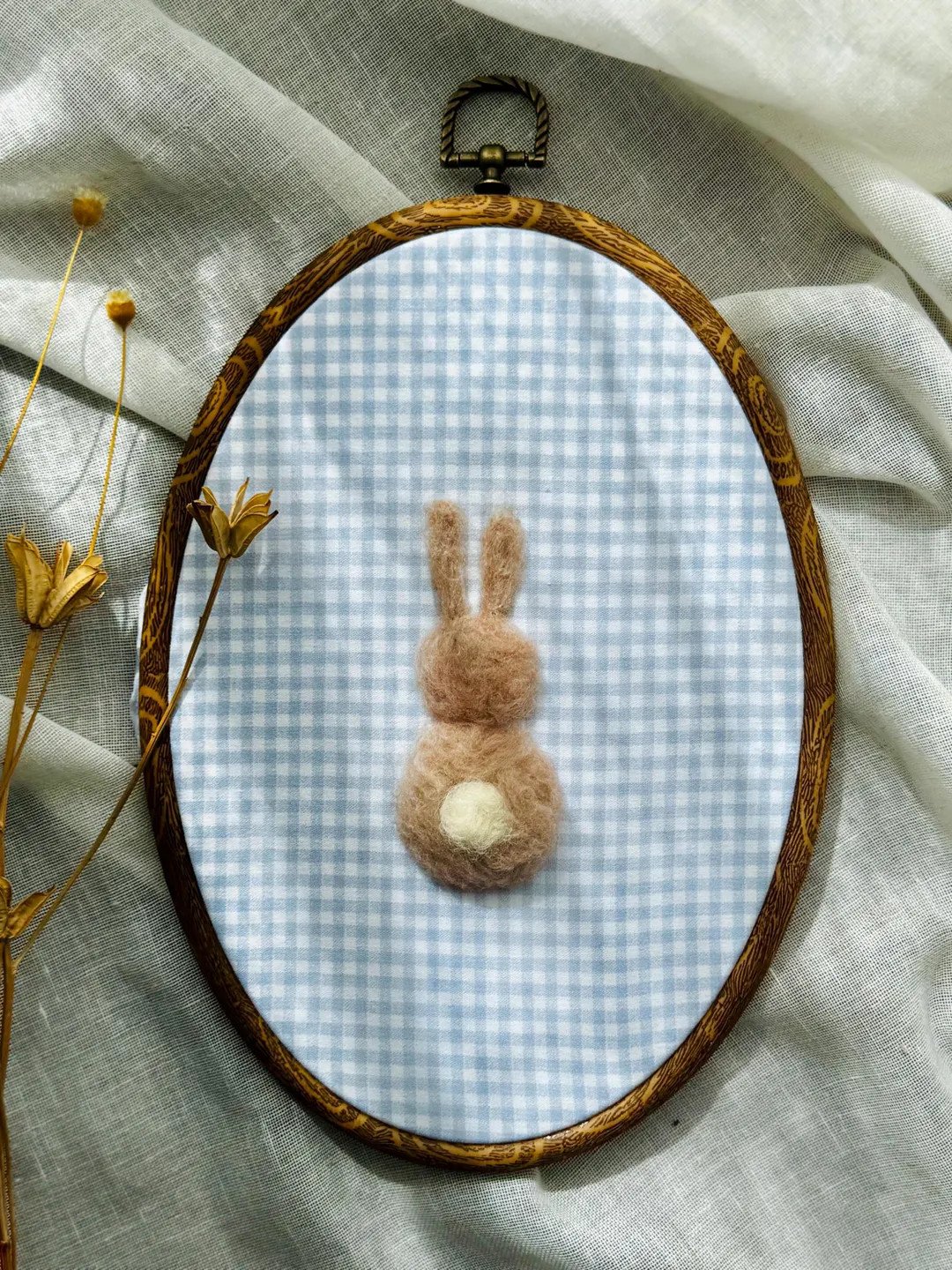 Felted Vintage Nursery Bunny on Blue Gingham Cotton Fabric - Embroider Hoop Wall Art | Etsy (US)