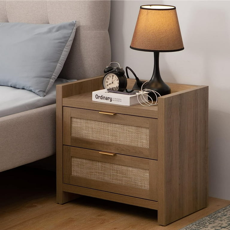 Sanspredet Rattan Nightstand Bedside Table with USB Type-C Charging Station Modern End Side Table... | Walmart (US)