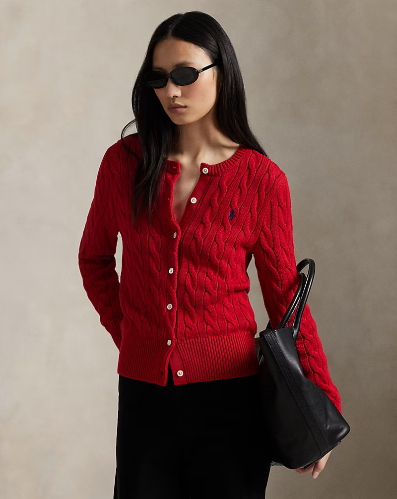 Cable-Knit Cotton Crewneck Cardigan | Ralph Lauren (UK)