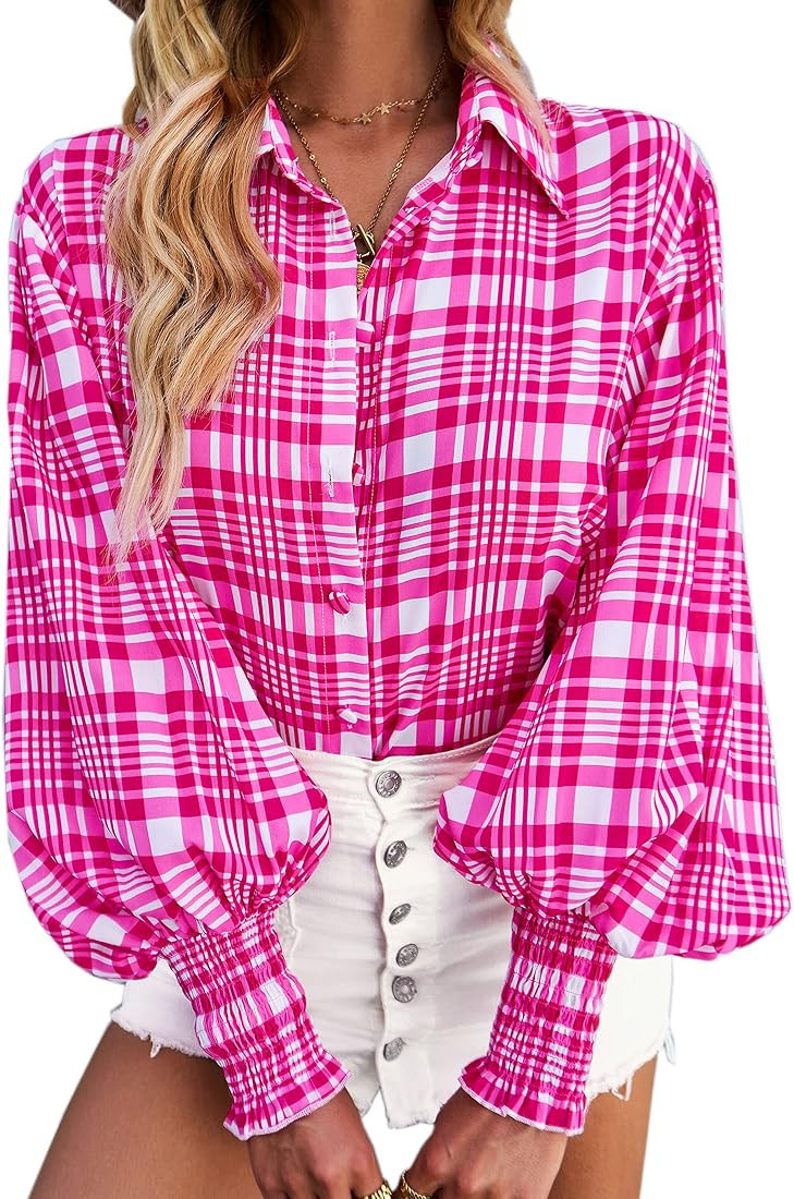 Angashion Womens Shirts Long Sleeve Floral Print Button Down Shirt Casual Loose Blouses Tops | Amazon (US)