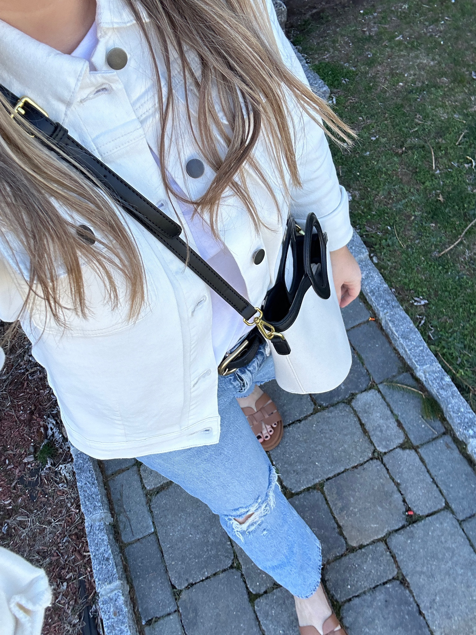 Bag is hazeltide.com new arrival

Jeans run true to size but size up if inbetween 

Cropped Jacket- wearing a large 

Tee- true to size

Sandals - true to size 

#LTKsalealert #LTKmidsize #LTKfindsunder100