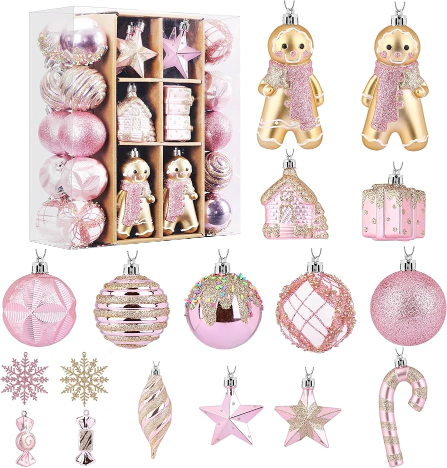 SHareconn 65pcs Christmas Tree Ornaments Set, Shatterproof Christmas Gingerbread Man Balls Bulk G... | Amazon (US)