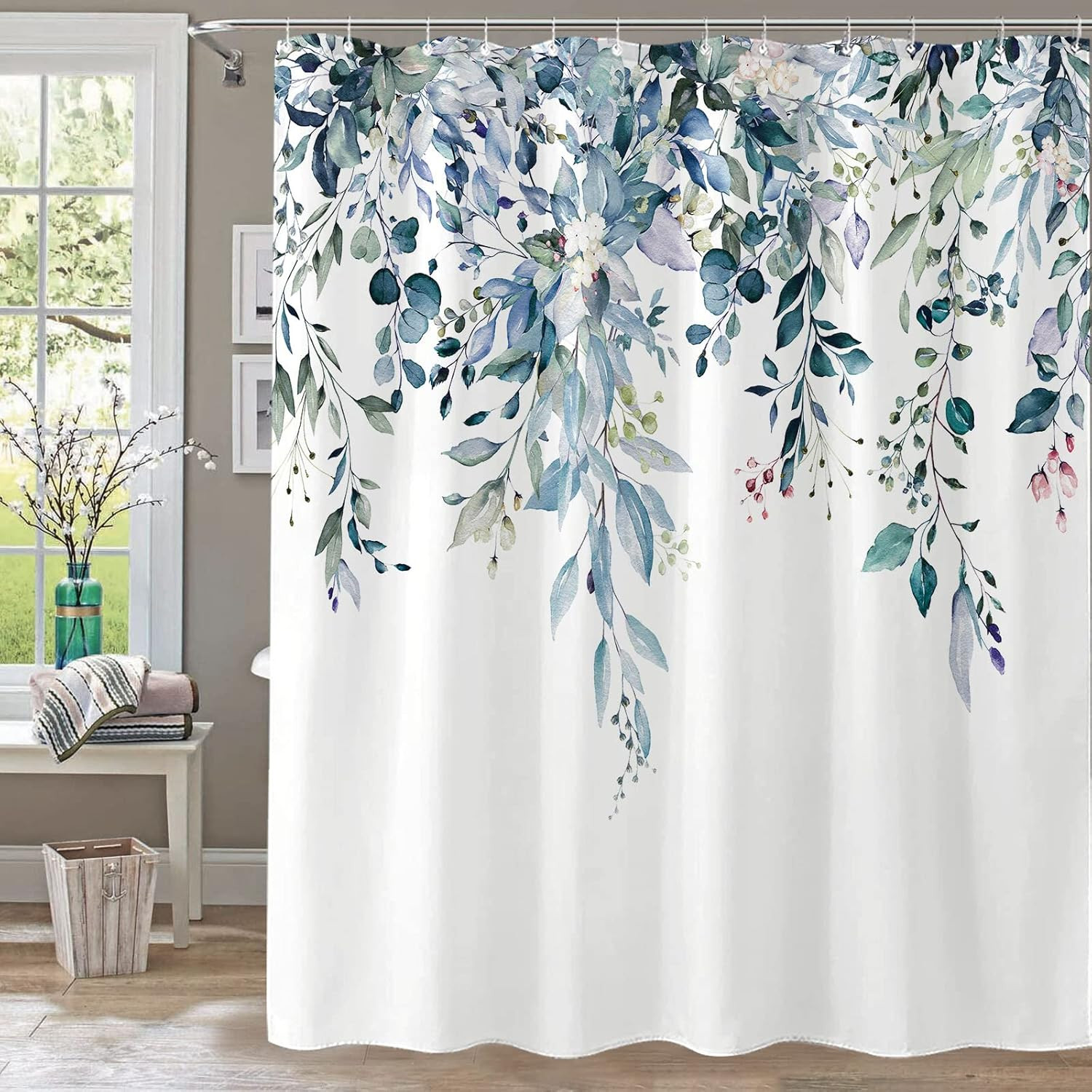 kampdream Teal Blue Plant Shower Curtain, Watercolor Eucalyptus Leaves On The Top Botanical Bathr... | Amazon (US)