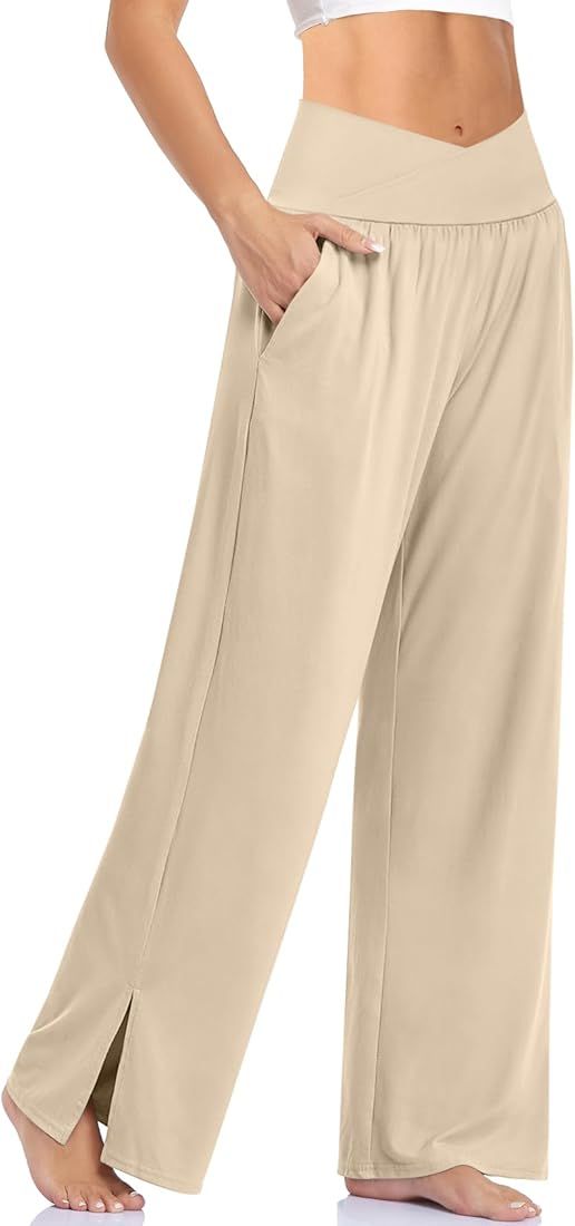 UEU Womens Wide Leg Yoga Pants Crossover High Waisted Casual Loose Lounge Sweatpants with Pockets | Amazon (US)