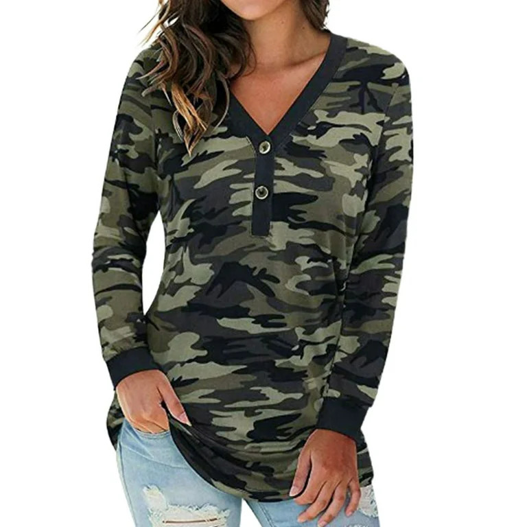 Outfmvch hoodies for women Long Sleeve Button Henley Camo Leopard Casual Loose Tunic T Shirt wome... | Walmart (US)