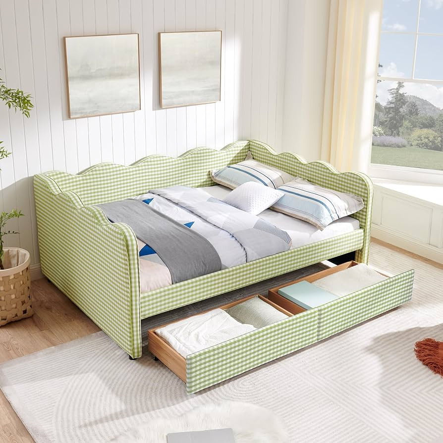 KEIKI Full Size Upholstery Gingham Daybed with 2 Storage Drawers and USB, Modern Style Adorable W... | Amazon (US)