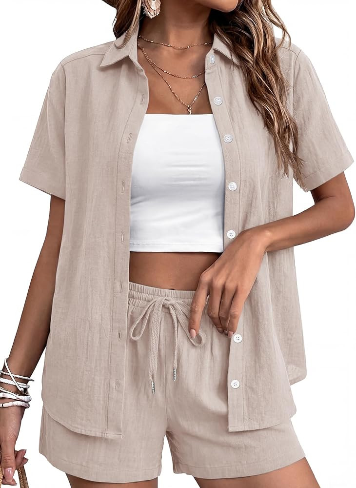 Rapbin Women's 2 Piece Summer Outfits Button Down Short Sleeve Shirt Set, Suitable for Office, Tr... | Amazon (US)