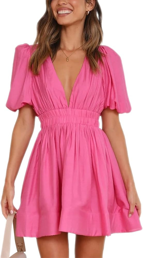 Yuemengxuan Women's Deep V Neck Mini Dress Y2K Puff Sleeve Ruched High Waist A-Line Short Dresses... | Amazon (US)