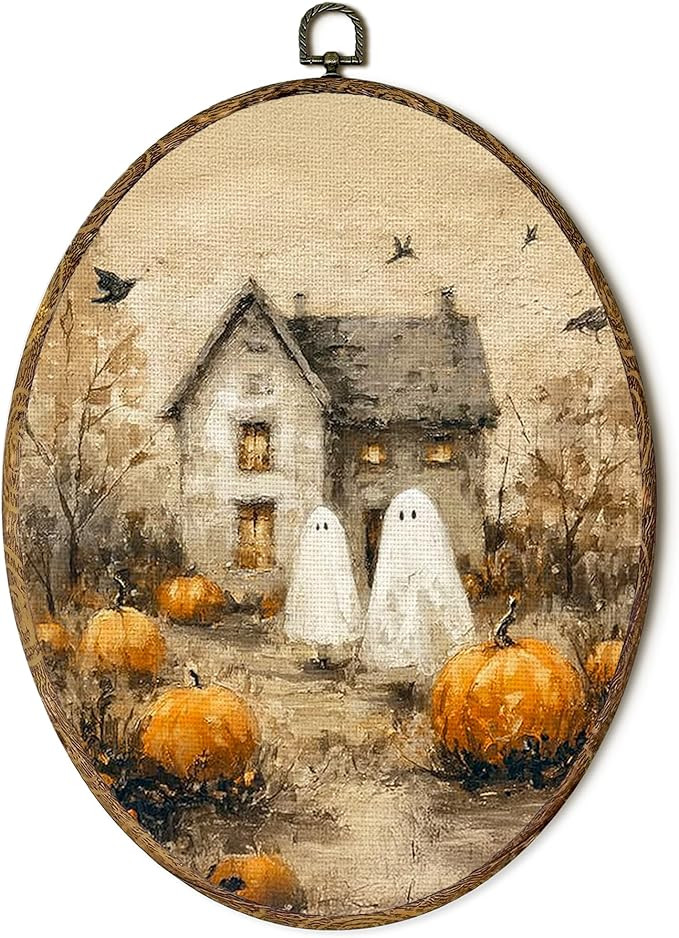 FSTCSV Vintage Halloween Ghost Oval Wall Art Framed, Spooky Ghost Pumpkin Canvas Prints Wall Hang... | Amazon (US)