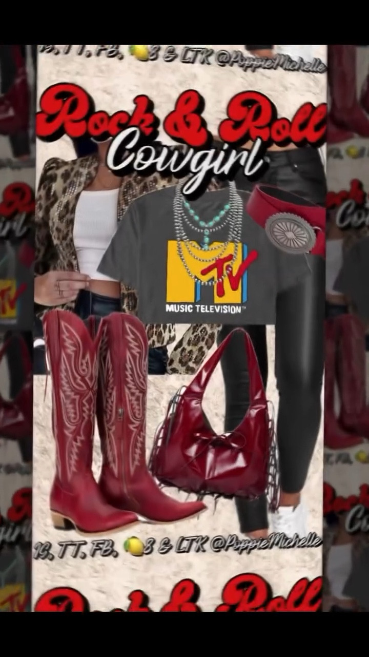 Rock & Roll Cowgirl
Black cropped graphic T shirt (DIY)
Tall red cowboy boots
Red leather concho belt
Leopard print cropped jacket 
Sequin cropped leopard print jacket 
Red pattan leather fringe purse 
Western jewelry 
Silver beaded necklace 
Turquoise necklace 
#westernfashioninspo #rodeostyle #nfrfashion #rodeofashion