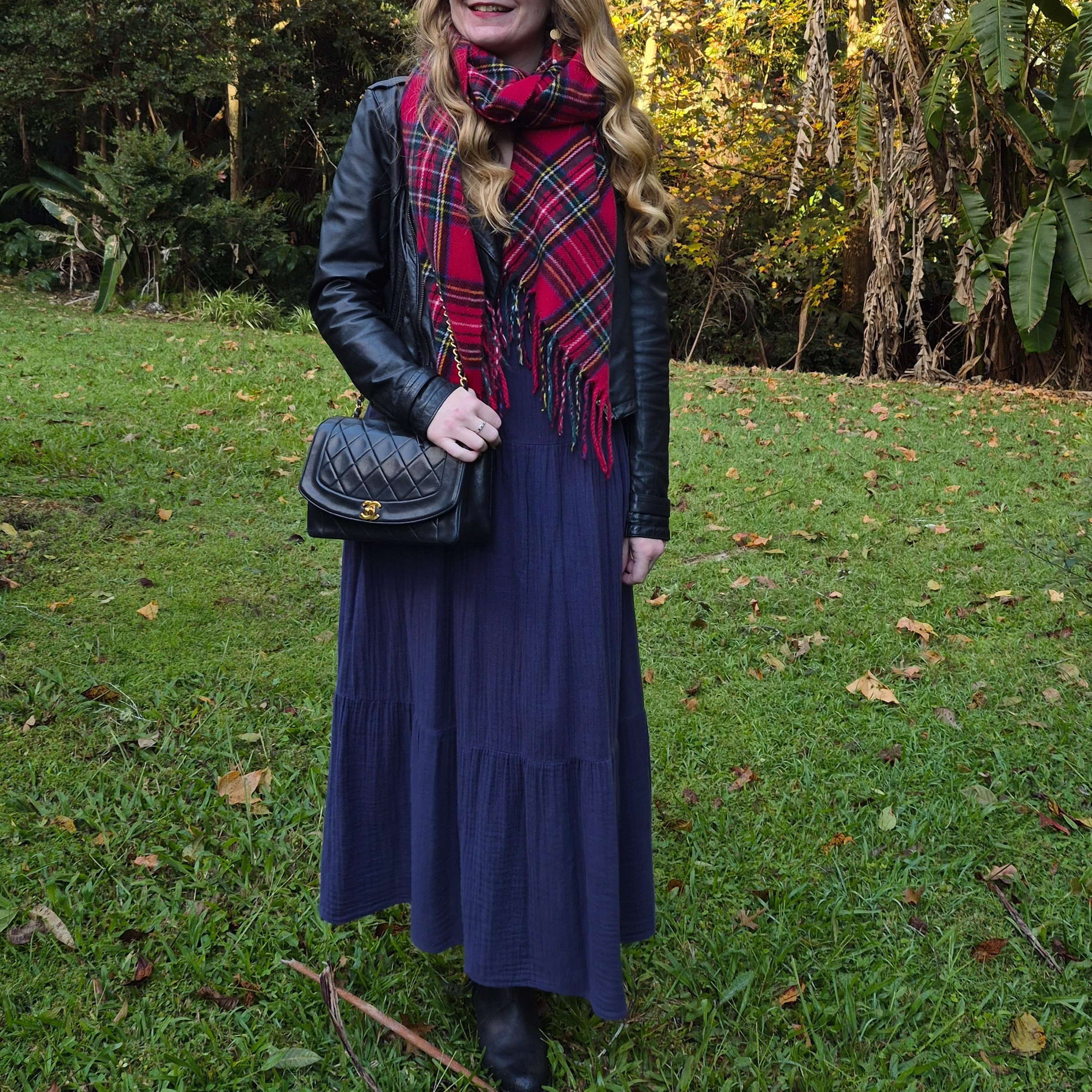 Kmart navy maxi dress layered up with tartan scarf, Jeanswest black leather jacket, Acne Pistol ankle boots and vintage Chanel flap bag 💙

#LTKaustralia #LTKwinter #LTKbag