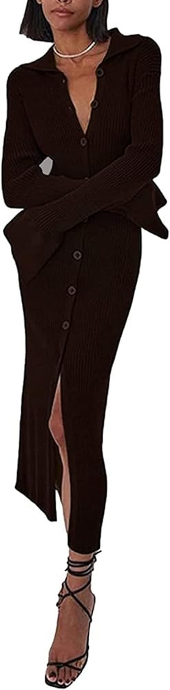 RanRui Women Long Sleeve Knit Dress Stripe Botton Down Knitted Dress Cardigan Sweater Dresses Rib... | Amazon (US)