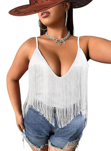 Womens Western Cowgirl Fringe Top - Plus Size Hem Tassel Tank Rodeo Shirt Festival Boho Cami Country Concert Outfit(White,4XL,10742Pe) | Amazon (US)