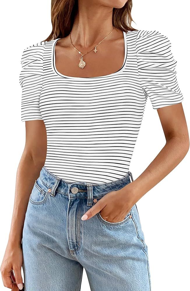 MEROKEETY Women's Square Neck Puff Sleeve T Shirts 2024 Summer Casual Striped Basic Tee Tops | Amazon (US)