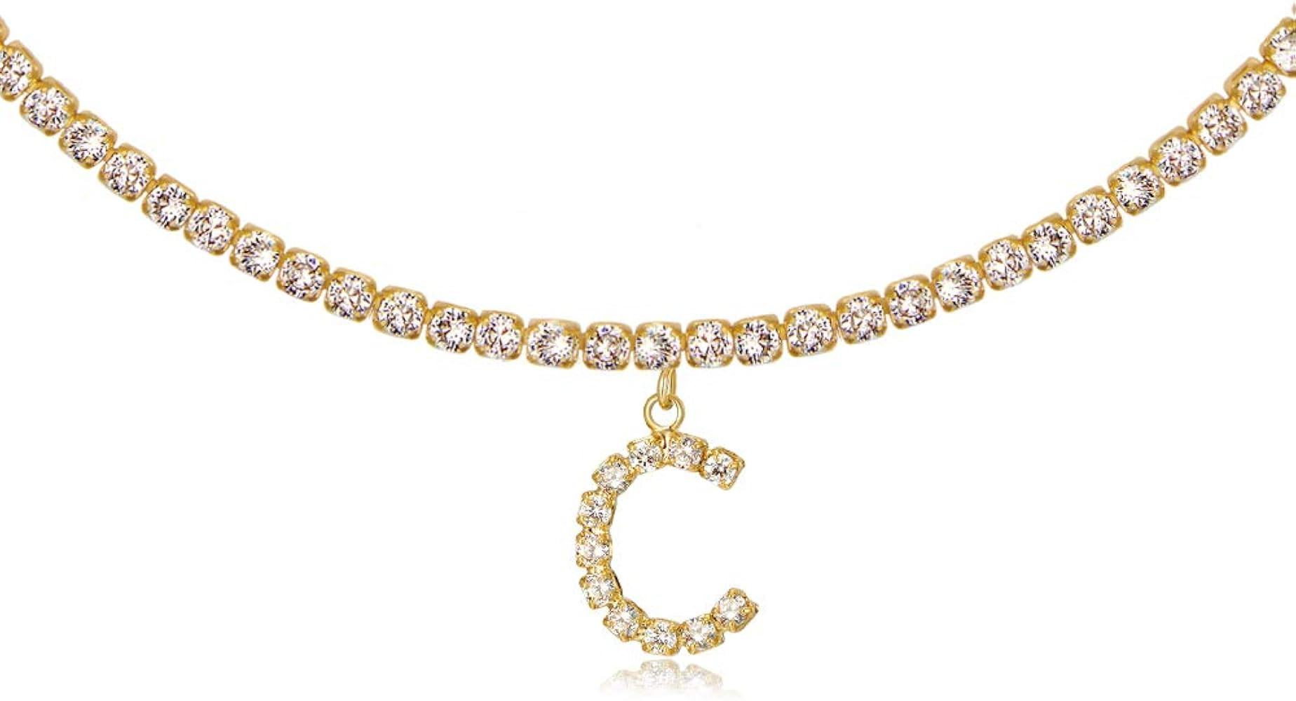 Letter Necklace 14k Gold Plated Tennis Chain Initial Alphabet Pendant Choker Bling Iced CZ Diamon... | Amazon (US)