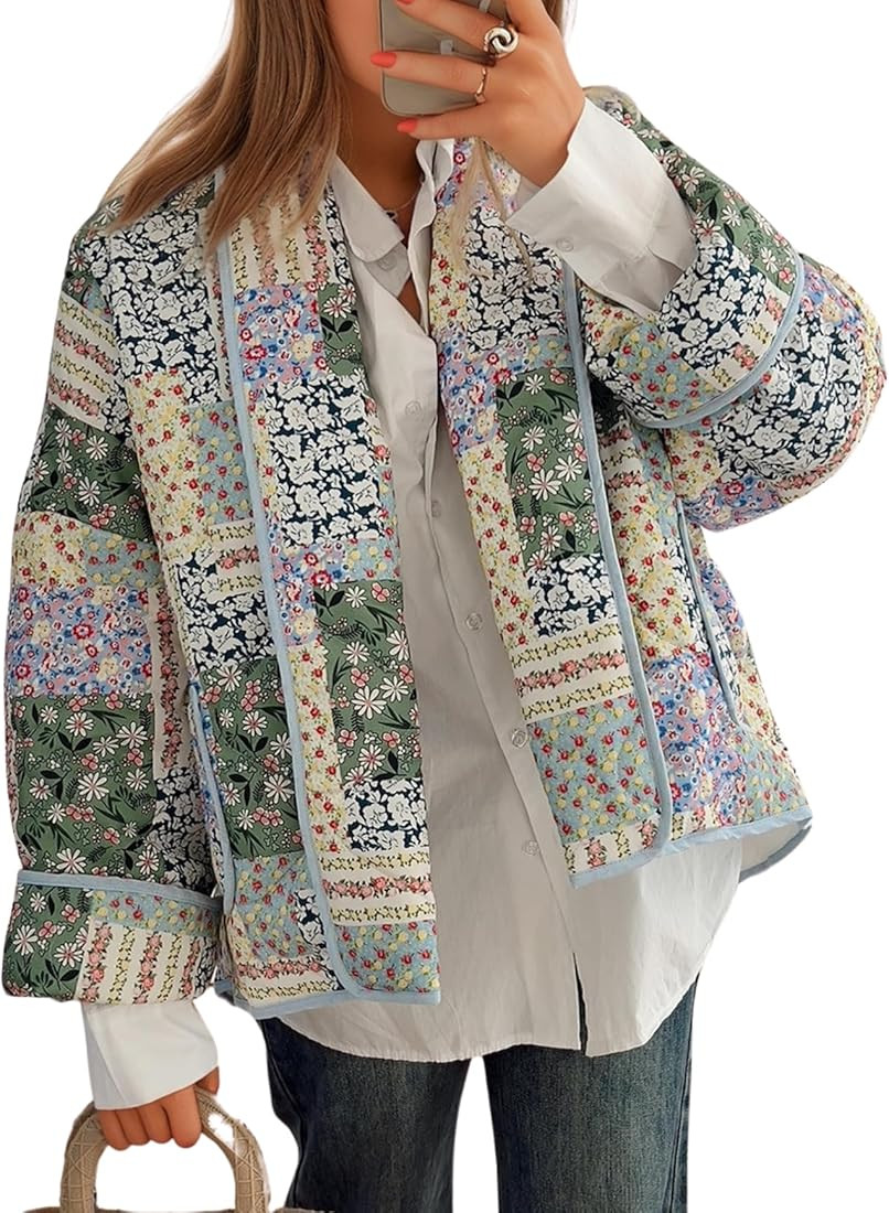 Omoone Women's Quilted Jacket Cardigan Lightweight Floral Print Open Front Padded Puffer Jackets | Amazon (US)