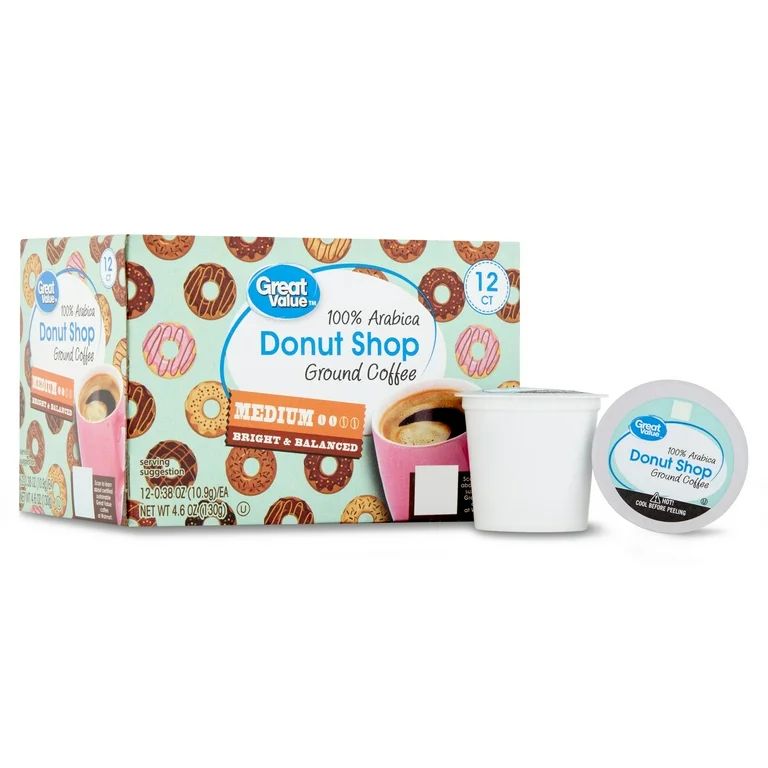 Great Value Donut Shop 100% Arabica Medium Roast Ground Coffee Pods, 12 Ct | Walmart (US)