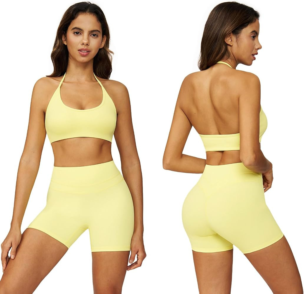 ABOCIW Womens 2 Piece Workout Set Halter Sports Bra High Waist Biker Shorts Gym Yoga Pilates Outf... | Amazon (US)