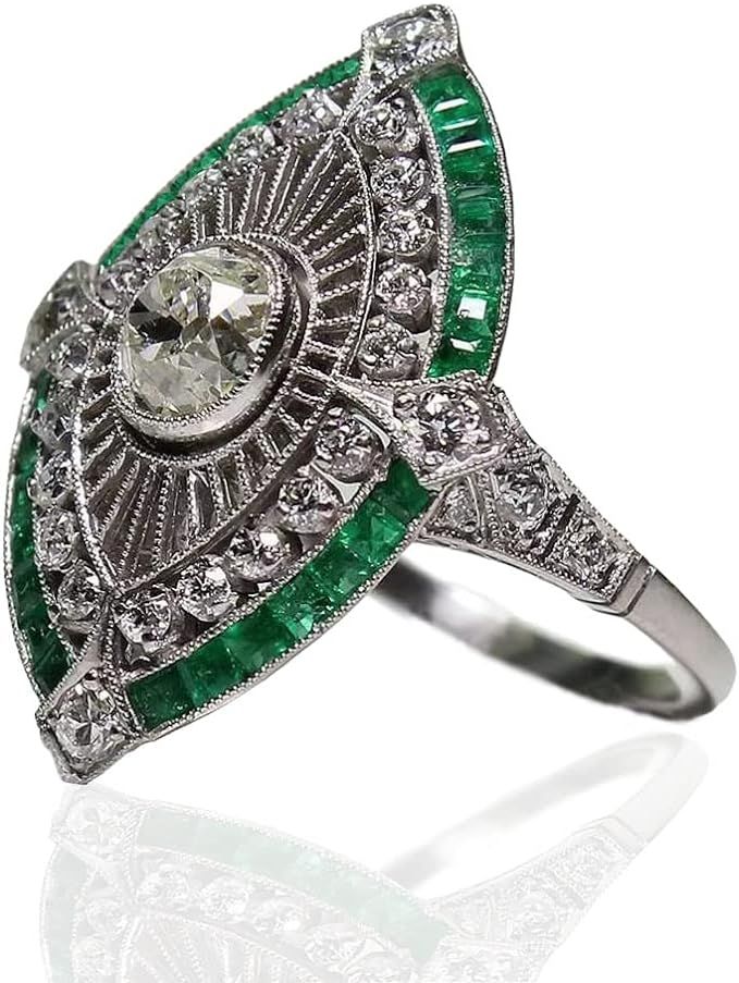 AZQ Vintage 925 Sterling Silver Emerald Ring Cocktail Rings Oval Cut Green Gem Cubic Zirconia Ann... | Amazon (US)