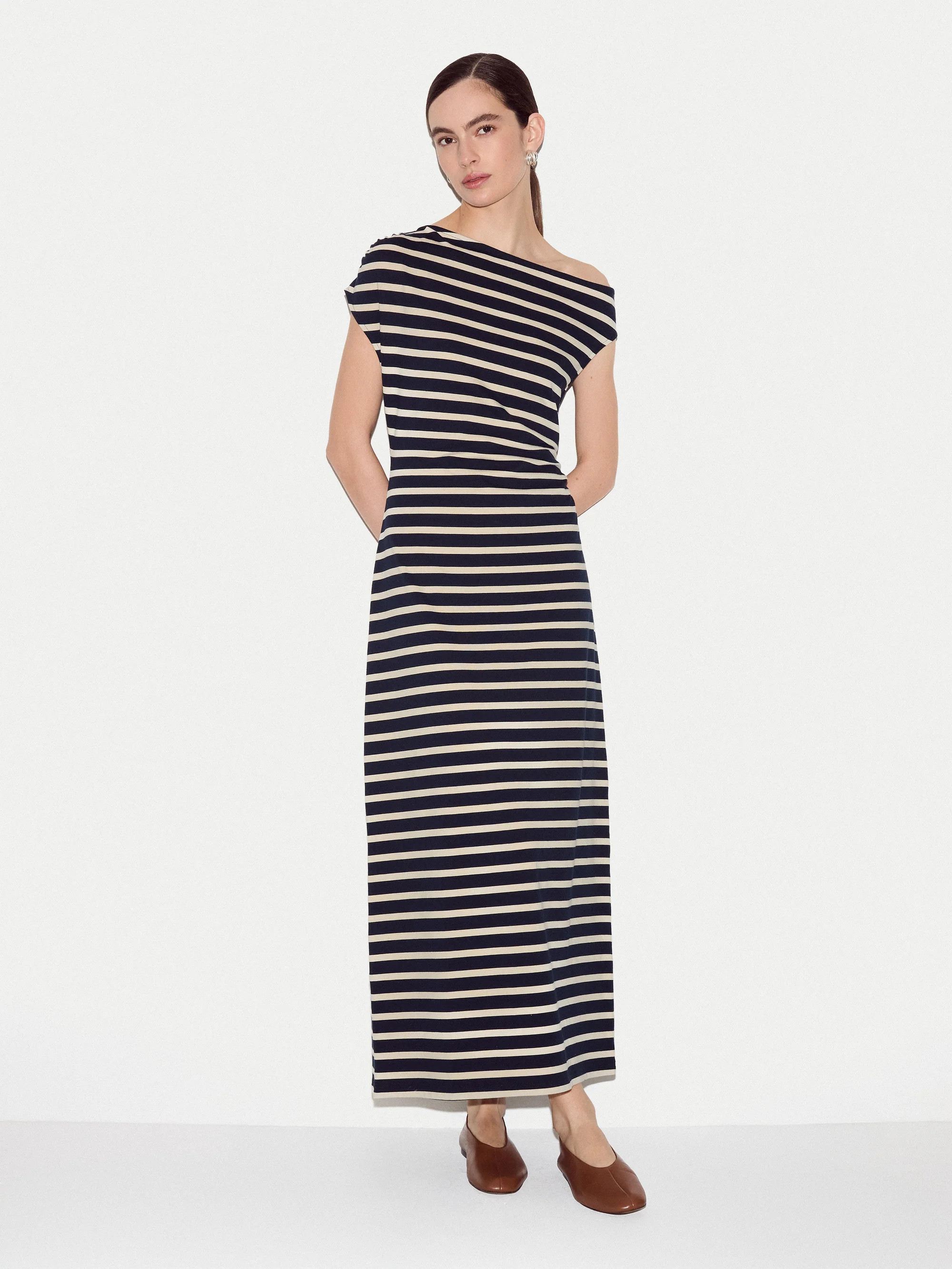 Stripe Asymmetric Neck Dress | Navy | Jigsaw (UK)
