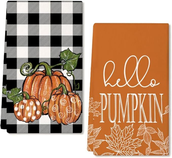 ARKENY Fall Kitchen Towels Set of 2,Black Buffalo Check Pumpkin Autumn Dish Towels 18x26 Inch Dry... | Amazon (US)