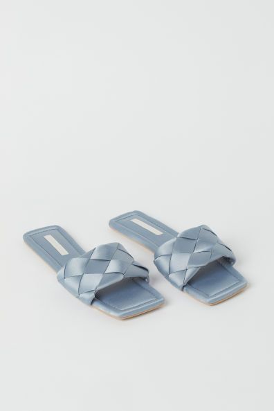 Slipper slides in satin. Square toes, wide, braided foot strap, and square heels. Satin lining an... | H&M (US + CA)