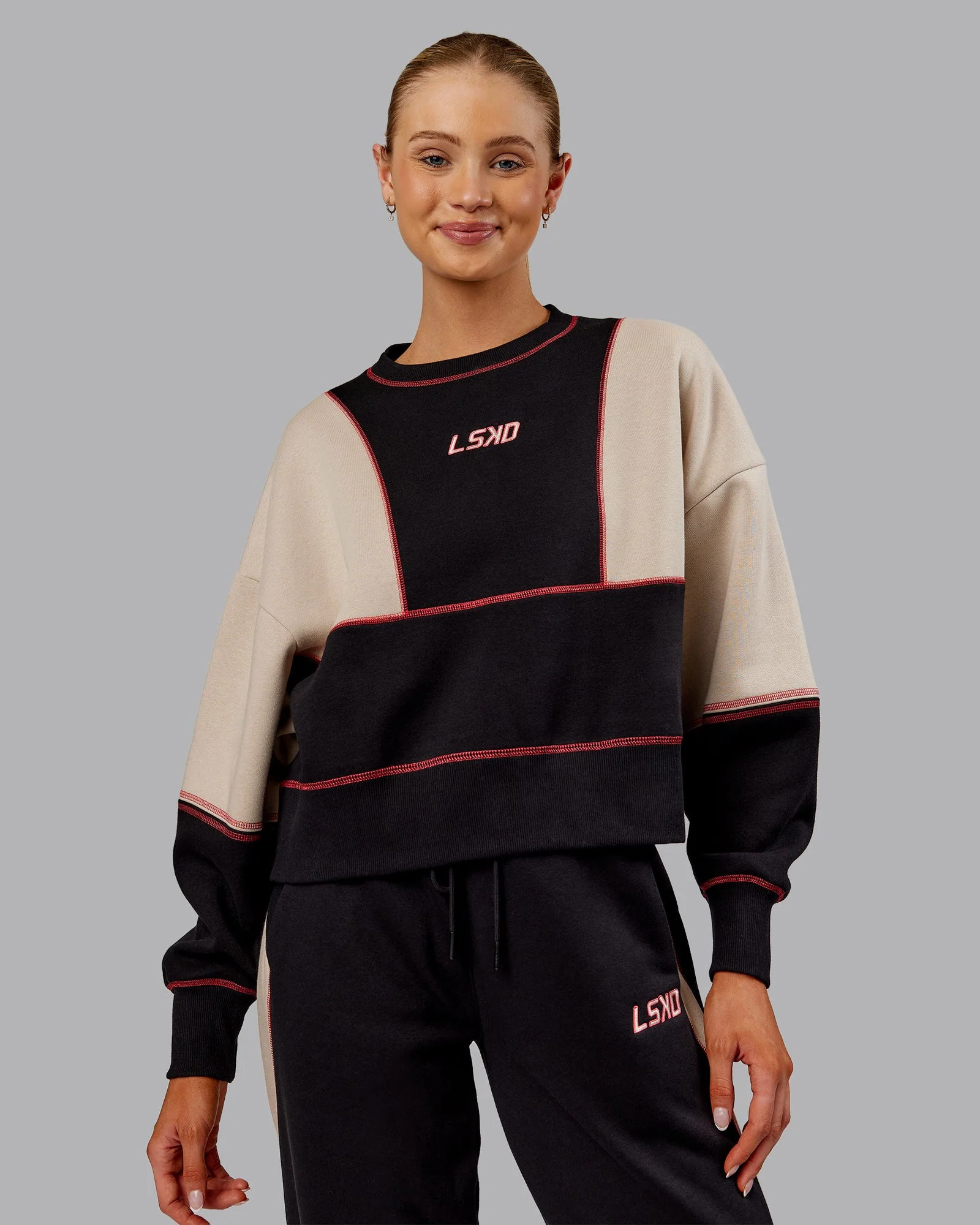 Stitch Up Oversized Fleece Sweater - Black-Shale Beige | LSKD