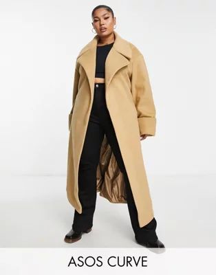 ASOS DESIGN Curve smart brushed belted coat in brown | ASOS (Global)