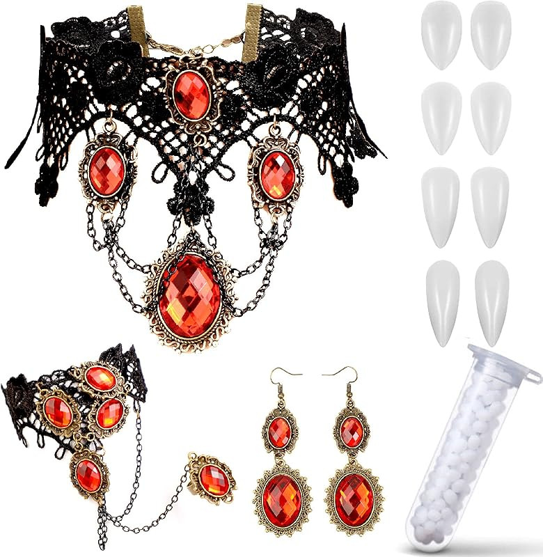 Vampire Necklace Black Lace Choker Necklace Gothic Vampire Jewelry Set with with Red Rhinestone B... | Amazon (US)