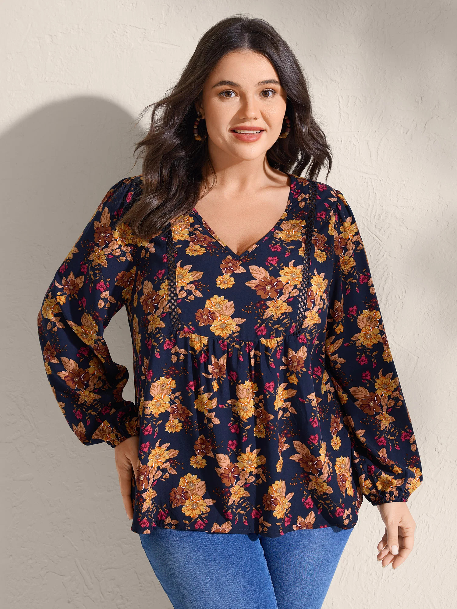 Fall Florals Lace Trim Flowy Blouse | Bloomchic