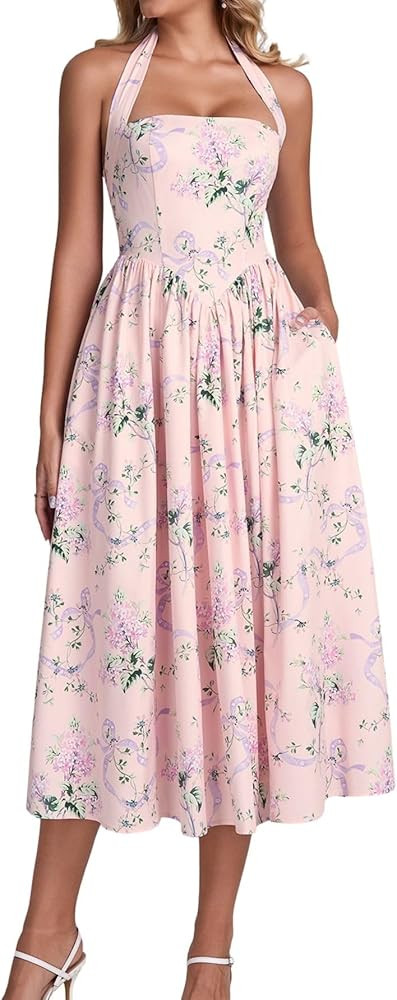 Parthea Women's Floral Halter Corset Midi Dress 2026 Elegant Smocked Flowy Wedding Guest Dresses ... | Amazon (US)