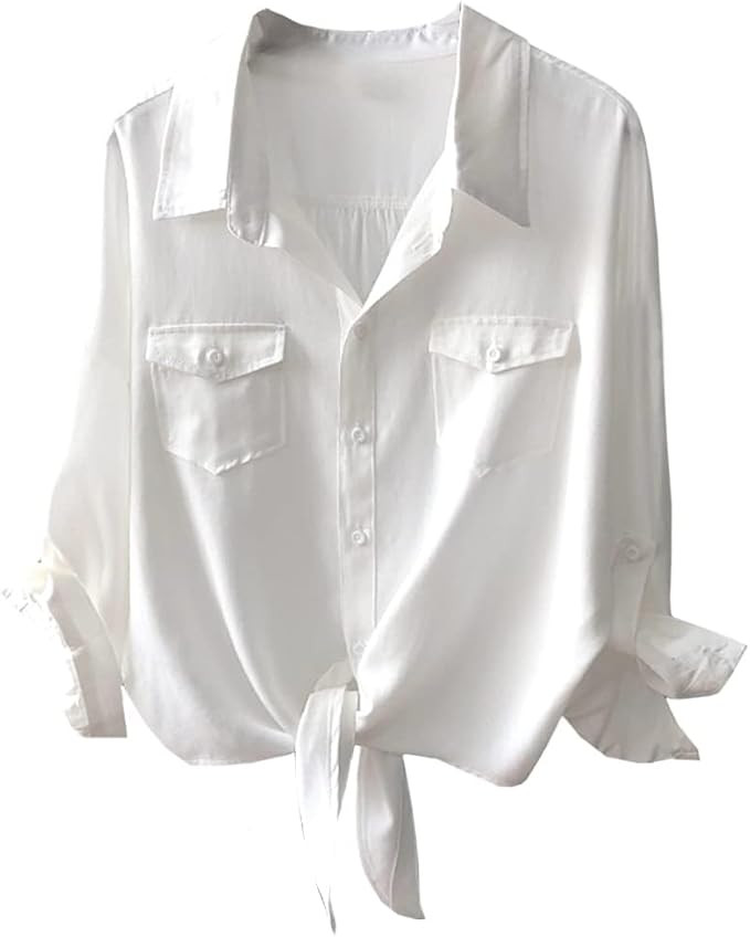Camisas de cuello en V con botones para mujer, manga 3/4, con lazo frontal, holgada, para oficina... | Amazon (US)