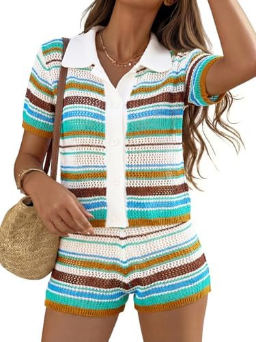 Tankaneo Womens 2 Piece Sweater Shorts Sets Knit Color Block Summer Outfits Short Sleeve Tops Cov... | Amazon (US)
