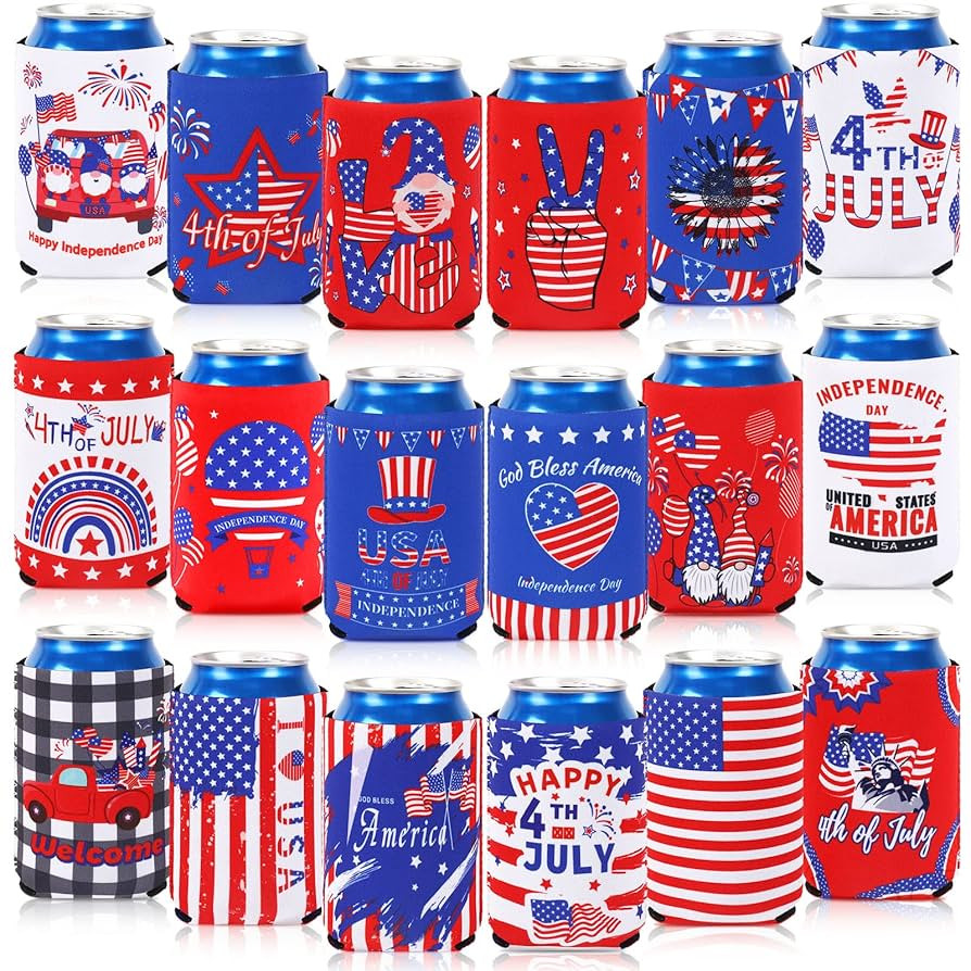 4th of July Can Cooler Sleeves, 18pcs American Flag Beer Drink Can Bottle Cooler Sleeves Collapsi... | Amazon (US)