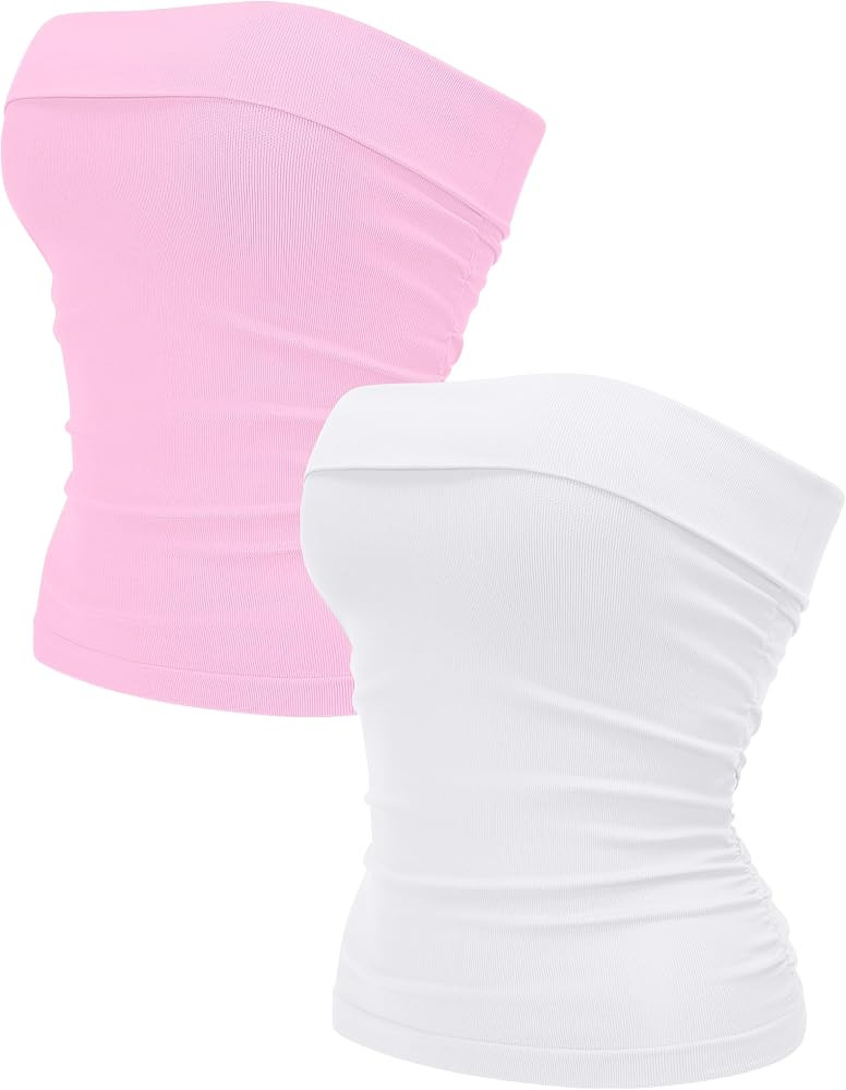 OLCHEE Womens 2PK Tube Tops Off Shoulder Seamless Ribbed Strapless Sleeveless Side Ruched Slim Fi... | Amazon (US)
