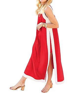 Hooever Women's 2 Piece Sets Boho Color Block Sleeveless Maxi Dress Matching Shorts with Pockets | Amazon (US)