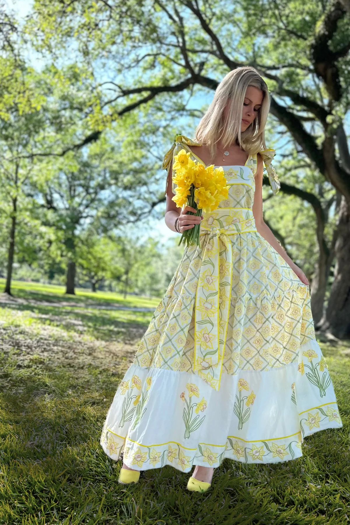 Annabel Sundress | White Multi Embroidered Daffodil | SUE SARTOR