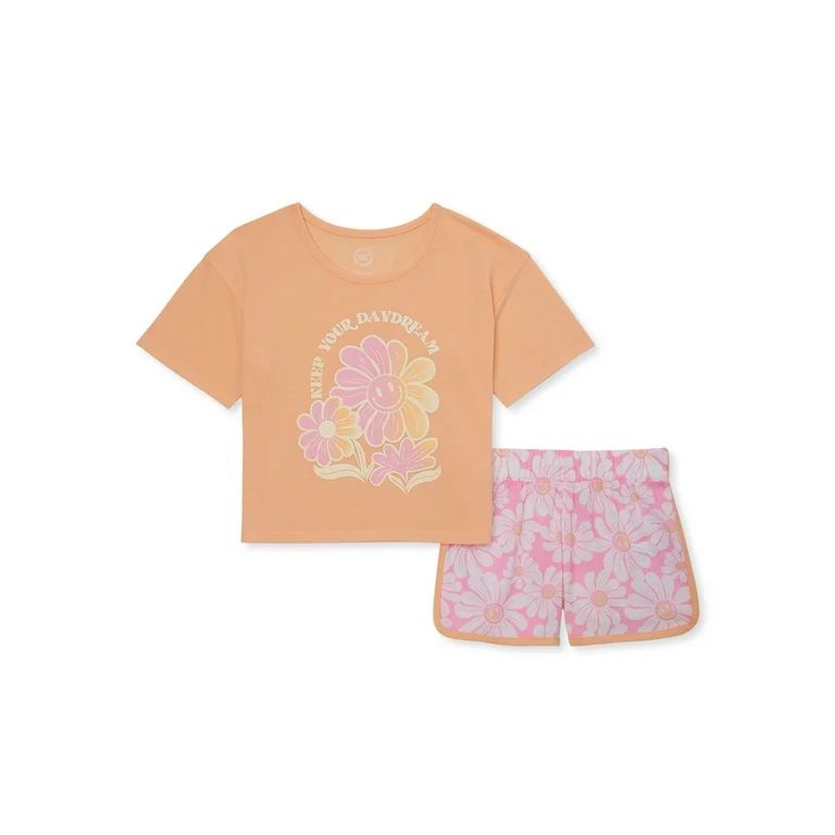 Wonder Nation Girls Short Sleeve Top and Sleep Short Pajama Set, 2-Piece, Sizes 4-18 & Plus | Walmart (US)