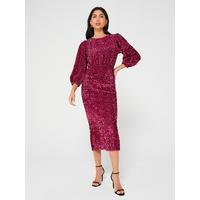Puff Sleeve Sequin Midi Dress - Pink | Very (UK)