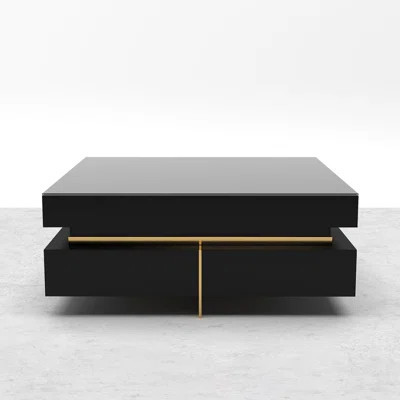 Black Modern Square Coffee Table With Drawers Tempered Glass Top & Metal Legs | Wayfair North America