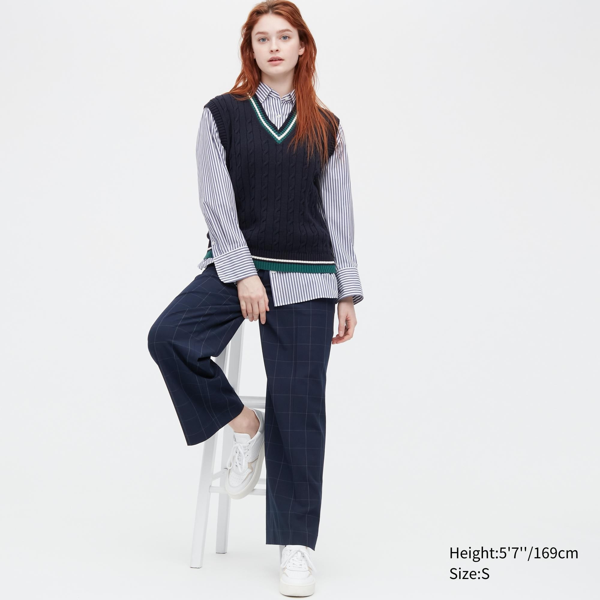 Wide-Fit Pleated Pants (Windowpane) (Women) | UNIQLO US | UNIQLO (US)