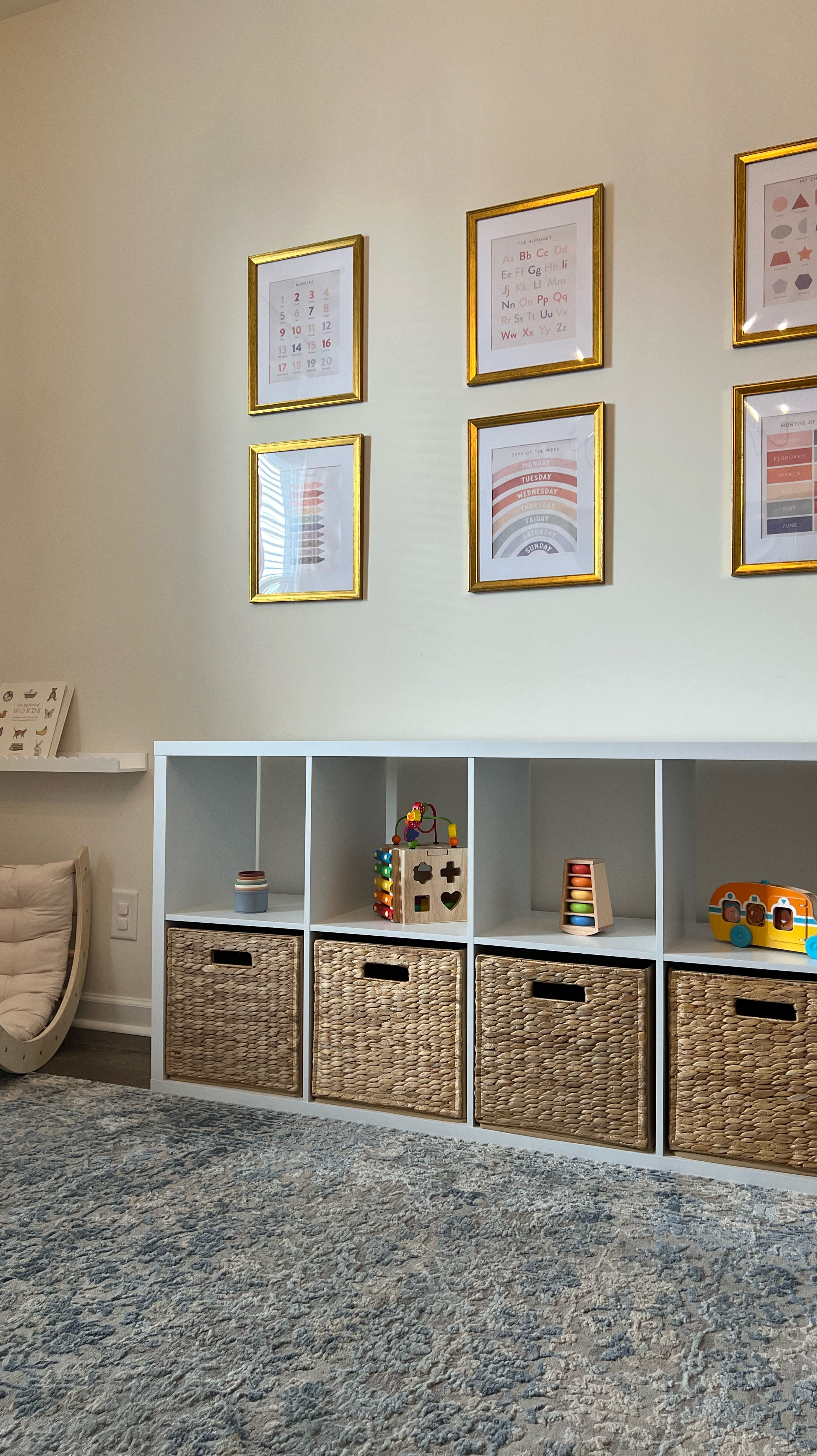 Love my my toddlers playroom is coming alone so far! Montessori inspired, where everything is at his level and in his reach. We wanted a place that was peaceful and not overstimulating. These storage baskets are very large and hold so much for aesthetically concealed toy storage  

#LTKKids #LTKBump #LTKBaby