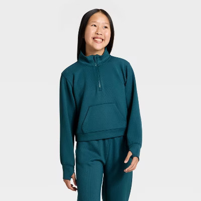 Girls' Airy Sleek Ribbed Half Zip Pullover - All In Motion™ Dark Teal Blue M | Target