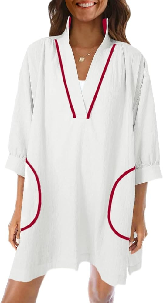 Saodimallsu Womens V Neck Swimsuit Coverup 3/4 Sleeve Color Block Oversized Cover ups Beach Mini ... | Amazon (US)