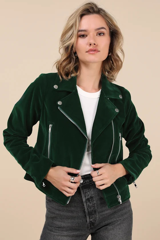 Style Icon Forest Green Velvet Moto Jacket | Lulus