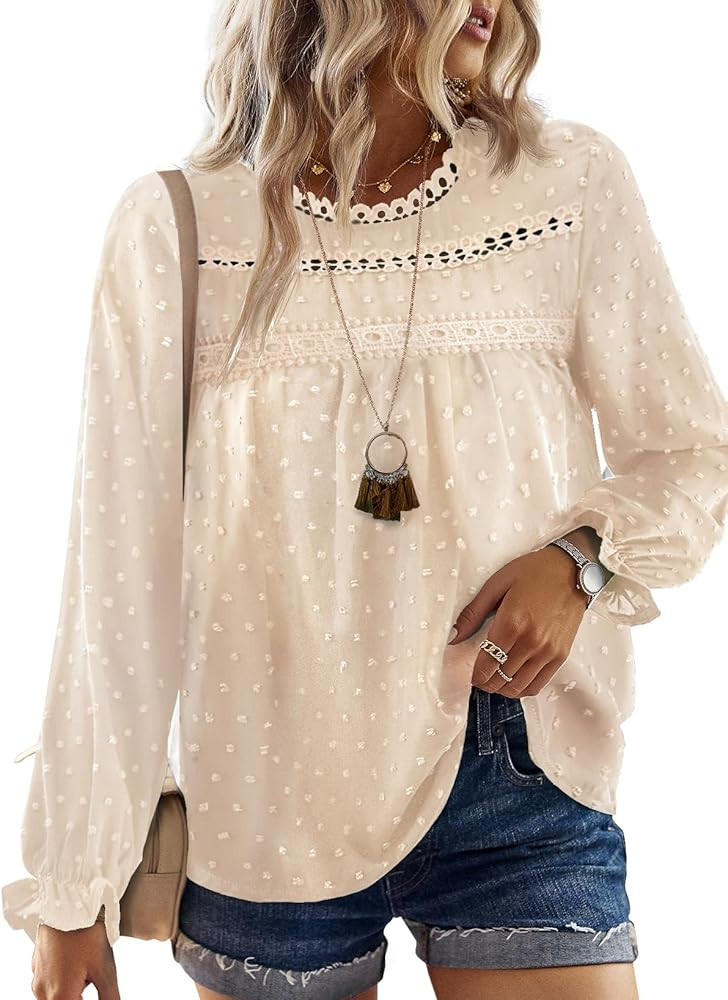 Womens Tops Long Ruffle Sleeve Shirts For Women Cute Crewneck Blouse Dressy Casual Swiss Dot Croc... | Amazon (US)