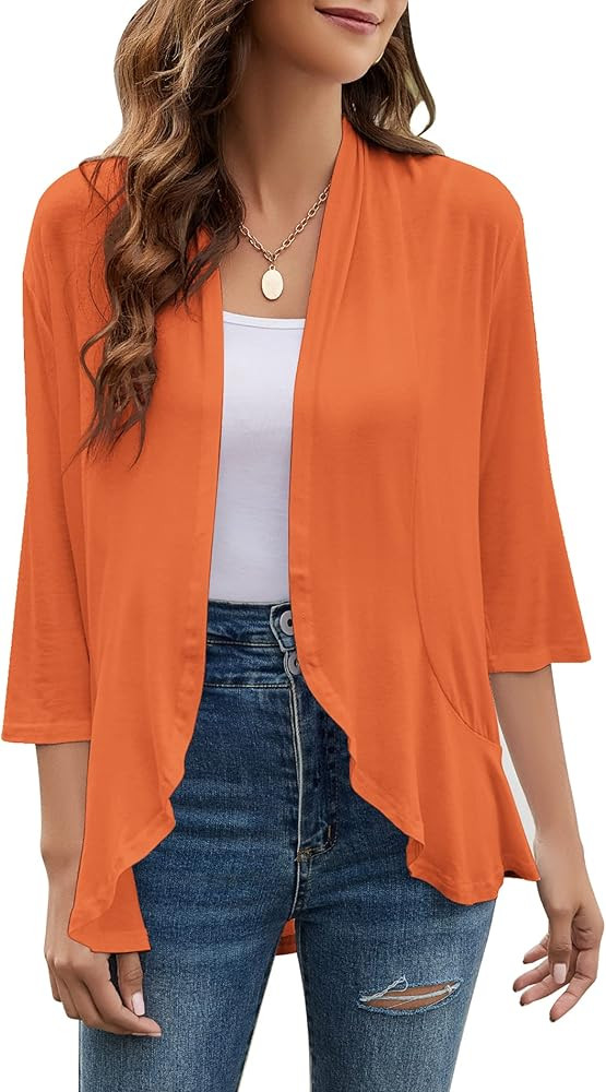 Yekaty Women Cardigan 3/4 Sleeves Open Front Lightweight Cardigan Draped Ruffles Knit Cardigan | Amazon (US)