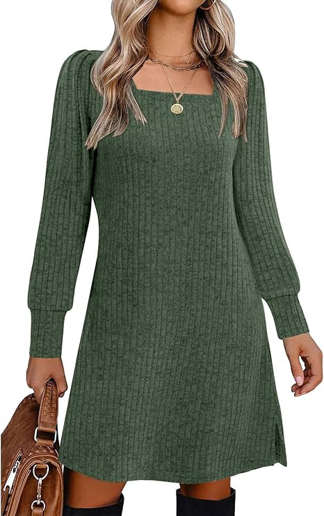 Womens Ribbed Knit Sweater Dress Long Sleeve Square Neck Fall Winter Dresses | Amazon (US)
