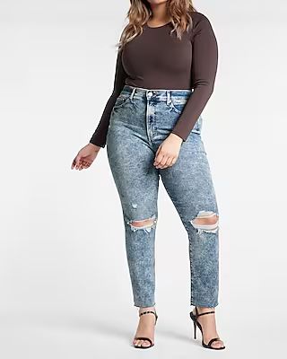 Conscious Edit Super High Waisted Medium Wash Ripped Slim Jeans | Express