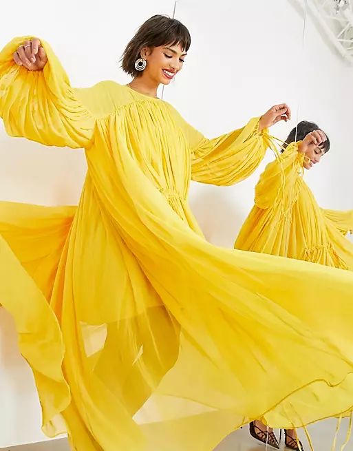 ASOS EDITION gathered neck midi dress in mustard | ASOS (Global)